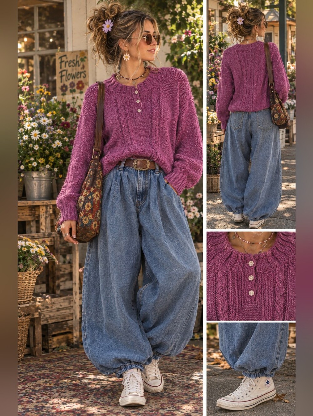 Vintage Handmade Cozy Fuchsia Cable-Knit Women's Sweater